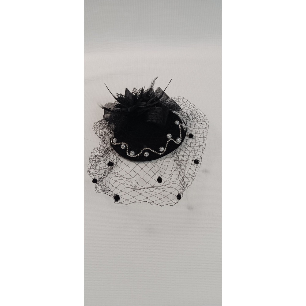 Vintage Style Black Fascinator Hat Birdcage Veil Rhinestone Faux Pearl Bow Clip - Picture 8 of 10